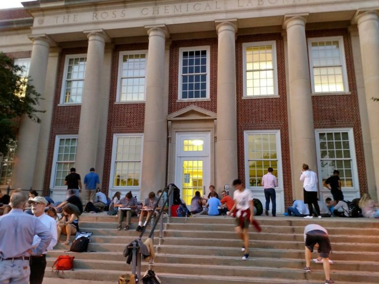 Students drawing architectural details of Ross Hall